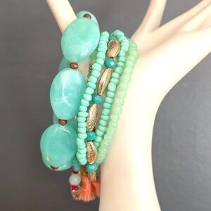 Bundle of 6 seafoam beaded stretch layering bracelets